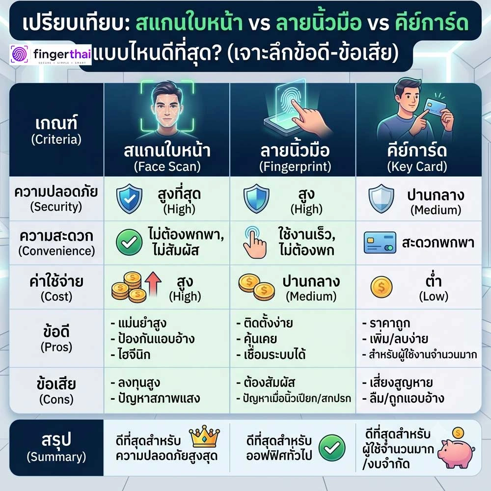 เปรียบเทียบเครื่องสแกนใบหน้า ลายนิ้วมือ และคีย์การ์ด แบบไหนดีที่สุด